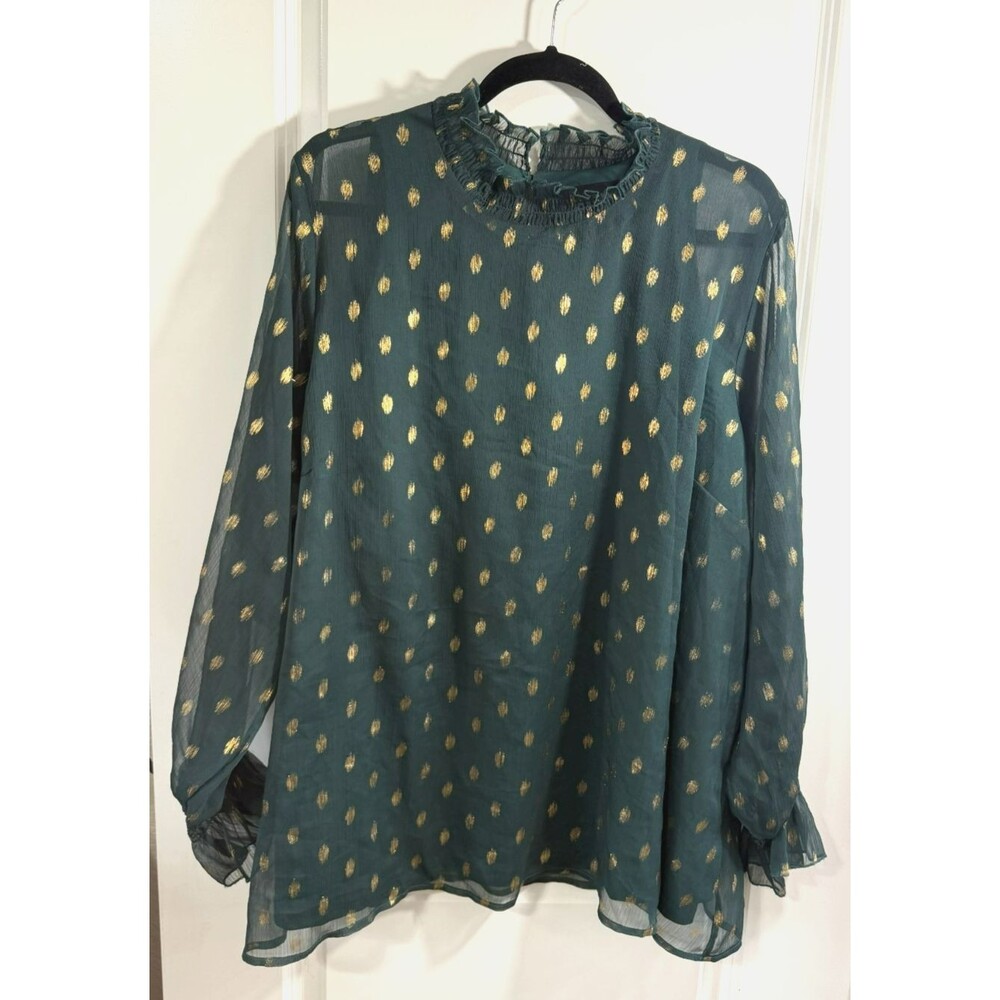 Lane Bryant Long Sleeve Sheer Green Gold Dot Blouse Womens Plus Size 24 Holiday